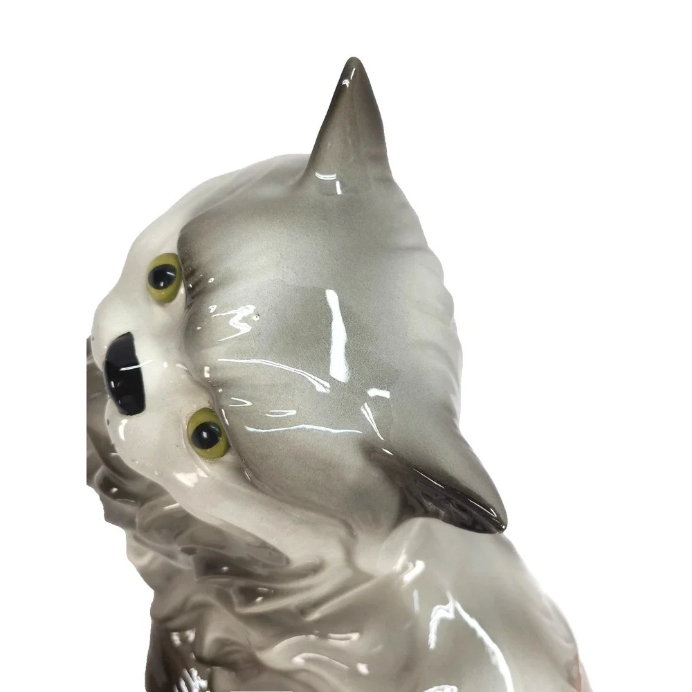 Vintage Large Ceramic Cat Grey Persian MCM Glossy Glaze Finish 17